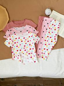 SHEIN LMoss Kids Dozemod Baby Girl Heart Pattern Ruffle Trim Round Neck Short Sleeve Pajama Set, 6 Pieces, Comfortable & Skin-Friendly - Multicolor - View 7