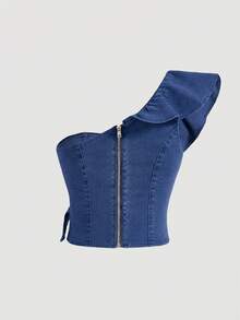 SHEIN MOD 女士牛仔荷叶边露肩衬衫 - 深色水洗藍 - 查看 2