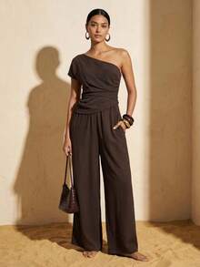 Zivah Bộ jumpsuit màu nâu cà phê, hàng mới về mùa Xuân/Hè 2026, thích hợp cho mùa cưới, lễ hội âm nhạc, lễ Phục Sinh, phong cách miền Tây, Boho, tiệc tùng lấy cảm hứng từ Nashville, đám cưới, buổi tối, hẹn hò, tụ họp, sinh nhật, sinh viên, đi làm, công sở thường ngày. Không tay, hở lưng gợi cảm, nhún eo, có túi thật, ống rộng thoải mái, chất liệu vải có họa tiết. - Cà phê nâu - Xem 5