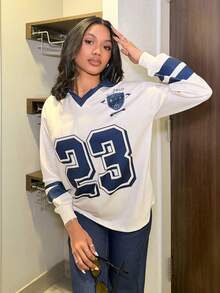 Natali Santanap 女式休闲 Polo 领数字印花落肩长袖上衣 - 彩色 - 查看 5