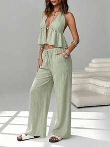 SHEIN EZwear Spring/Summer New Chiffon Women Casual Vacation Beach Outfit, Halter Backless Top And Slant Pocket Wide Leg Pants 2 Pieces Set Two Piece Vacation Set Women Casual Two Piece Set Linen Two Piece Set Summer 2 Piece Sets Woman Beach 2 Piece Set Linen Two Piece Set Women Two Piece Spring Set Vacation Outfits Women 2 Piece Set Green Two Piece Set Women Two Piece Set Casual Vacation Outfits 2 Piece Set Summer 2 Piece Sets For Women - Lime Green - View 4