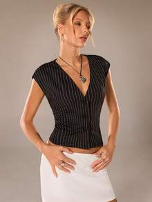 Avantive Áo sơ mi nữ cổ chữ V tay ngắn kẻ sọc - Đen và trắng - Xem 4