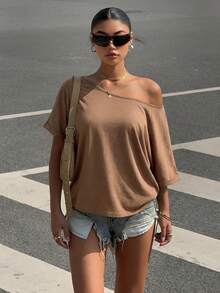 Muchica Deep Brown Knit Loose Fit Short Sleeve T-Shirt For Women,Summer Casual Occasion Camel Oversized Wide Neck Baggy Plain Tops Ytk Clothes Blouses - Chocolate Brown - View 3