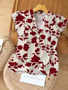 SHEIN LUNE CURVE Plus Size Vintage French Elegant Cap Sleeve Blouse, Spring/Summer, Floral Print Shirt - Red - View 4