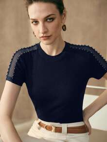 Arave 女士串珠圆领拼接网纱镂空修身休闲派对约会度假短袖T恤 - 藍色 - 查看 7