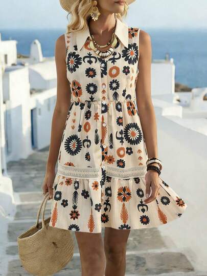 Louniche 女士休闲度假波西米亚印花V领花瓣袖拼接蕾丝边短连衣裙，春夏款