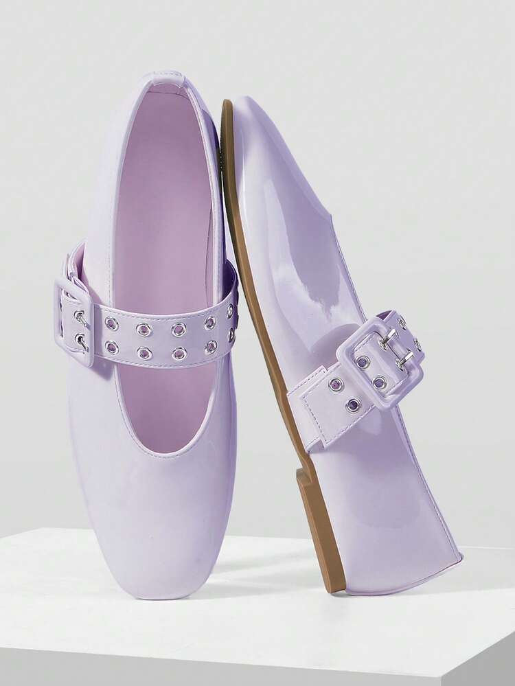 WOMEN SHOES NEW FRENCH RETRO FASHION LIGHT PURPLE PU LEATHER DOUBLE-BREASTED RIVET BUCKLE SQUARE TOE FLAT-SOLED SHOES, COMFORTABLE AND VERSATILE, LIGHTWEIGHT AND NOT TIRED FEET, SIMPLE ATMOSPHERE, CASUAL AND HIGH-END FOREIGN MARY JANE SHOES