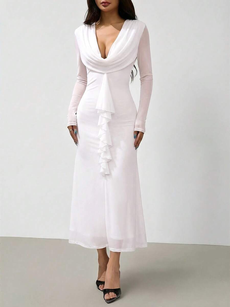 SHEIN PETITE Đầm lưới nữ cổ khoét sâu, mặt dây chuyền, viền bèo nhún, thích hợp cho tiệc tùng hoặc Giáng sinh.