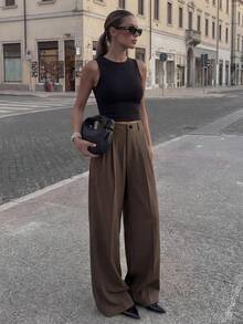 DAZY Casual Business Style Pleated Slant Pocket Loose Straight Leg Pants - Coffee Brown - View 6