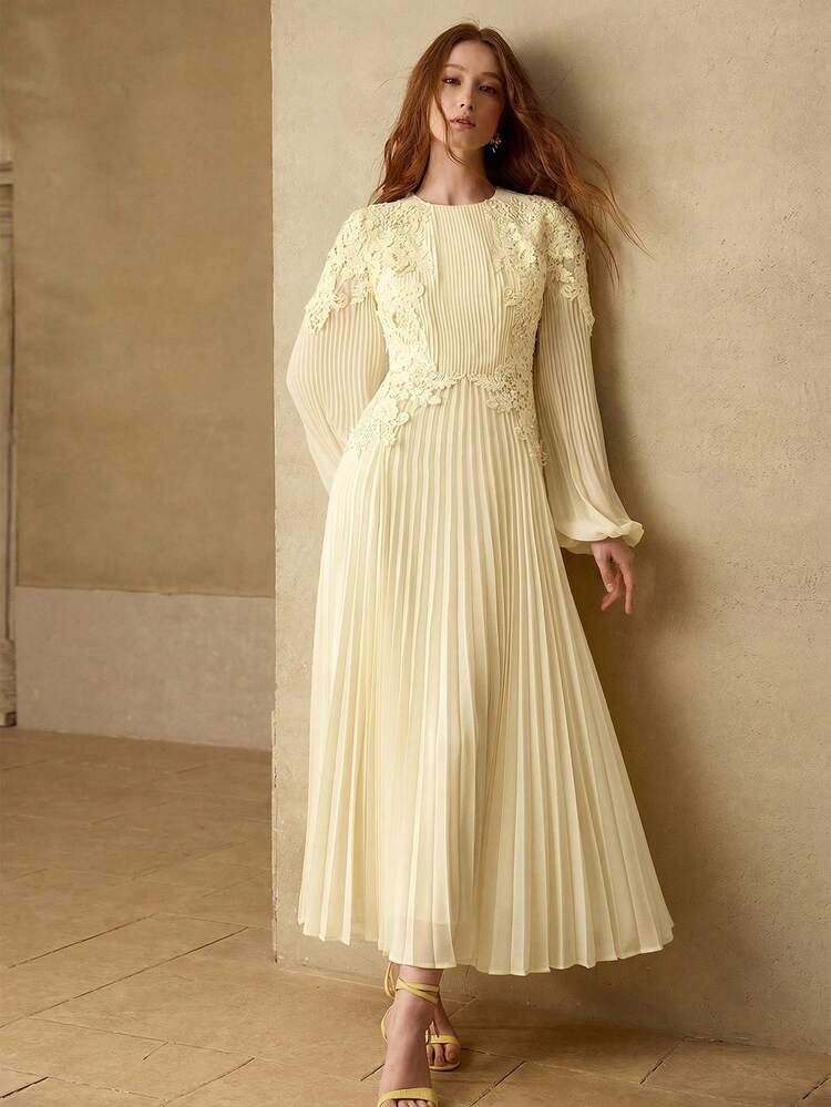 WOMEN'S ROMANTIC ELEGANT CONTRAST LACE PLEATED LONG DRESS, SPRING/SUMMER