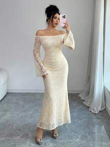 DAZY Women's Elegant Lace Off-Shoulder Long Dress, Spring/Summer Wedding Guest Dress Sundress - Beige - View 6