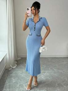 DAZY Women's Elegant Contrast Binding Lapel Collar Fitted Fishtail Hem Sweater Dress, Suitable For Work Commute - Blue - View 10