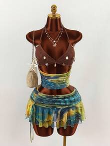 Amplova 2pcs/Set Halter Neck Crop Top & Low Waist Ruffle Hem Mini Skirt, Sexy Avant-Garde Boho Style Backless Details, Suitable For Holiday - Multicolor - View 11