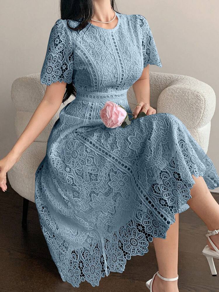 Elegant Lace Trim Short Sleeve Dress, Youthful And Refined Mini Dress