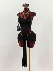 Amplova Bộ jumpsuit gợi cảm cổ chữ V xẻ sâu mới về dành cho nữ - màu đen - Xem 3