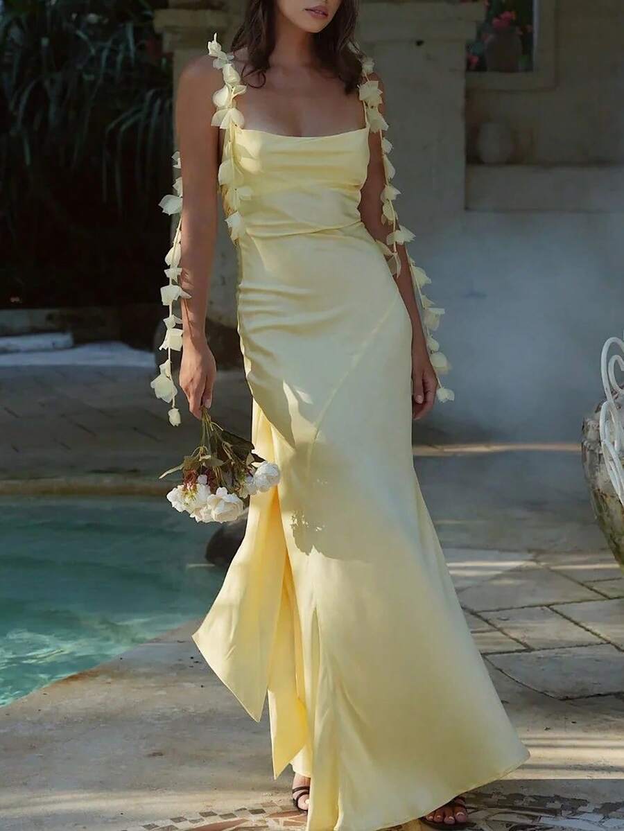 Aloruh 女士纯黄色垂褶领口花卉荷叶边露背修身连衣裙，适合婚礼、约会等场合