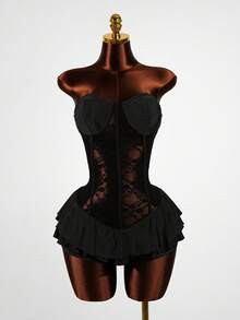 SaltGleam SaltGleam 女士时尚无肩带蕾丝性感透视派对鸡尾酒礼服，荷叶边下摆，收腰设计，缎面面料，迷你裙，适合春夏穿着 - 黑色 - 查看 7