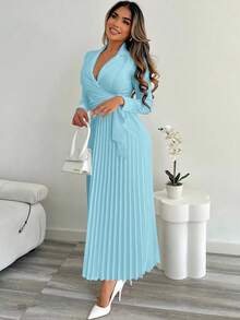 Xyvia Vestido Elegante de Escritório para Mulheres com Cintura Marcada, Estilo de Camisa com Botões, Adequado para Casamentos e Eventos, Outono/Inverno - Azul bebê - Visão 4