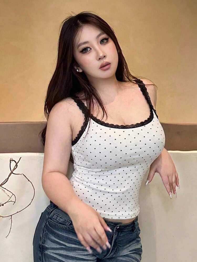 Dazy Plus Street Style Tight Fitting Polka Dot Lace Patchwork Plus Size Women Tank Top, Spring/Summer