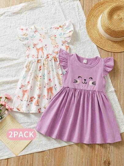 SHEIN Set de 2 vestidos de verano para niñas, vestido de algodón sin mangas de color morado con estampados lindos de caras de gatos y animales del bosque