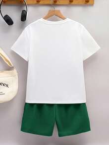 2pcs/Set Tween Boy Casual School Style Cute Pattern Round Neck T-Shirt And Shorts Set,Suitable For Commuting,Daily Wear,Sports,Spring/Summer - Green - View 2