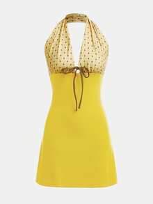 lacRébo Open Back Mini Dress With Contrast Printed Bust Spring Summer French Style Parisian Style Vacation Dress Resort Dress Holiday Dress Beach Dress - Mustard Yellow - View 7