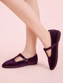 CUCCOO DOLLMOD 女士蓝色优雅丝绒经典舒适T字带玛丽珍平底鞋 - 紫色 - 查看 3