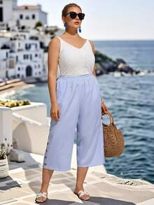 SHEIN LUNE CURVE Plus Size Casual Light Blue Striped Wide Leg Capri Pants - Blue - View 6