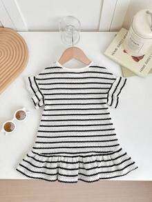 SHEIN Baby Girl Striped Round Neck Short Sleeve Casual Ruffle Hem Dress - Black and White - View 2