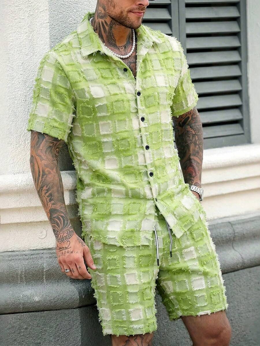 Manfinity Homme 男士绿色格子短袖衬衫和短裤套装 - 綠色 - 查看 1