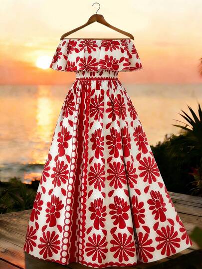 GlowEve CURVE Plus Size Women's Summer Romantic Floral Print Ruffle Trim One-Shoulder Elastic Waist Maxi Dress, Suitable For Beach Vacation And Travel