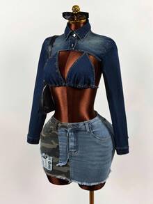 Slaydiva Áo nữ tay dài denim cổ bẻ cài nút, kiểu dáng thời trang, đa năng, thích hợp cho hẹn hò hoặc dạo phố. - Màu xanh lam - Xem 7