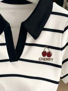 Resyla Áo kiểu nữ casual in chữ và sọc họa tiết quả anh đào, đa năng cho mặc hàng ngày. - Nhiều màu - Xem 3