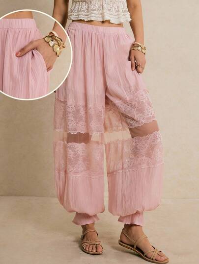 Poéselle Quần ống rộng phối ren kiểu dáng thường ngày dành cho nữ, thích hợp cho mùa hè.