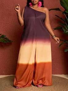 SHEIN CURVE+ Curve 尺码 US22 音乐节、海滨度假、波西米亚风女士舒适卡其色渐变数码印花性感优雅无袖连体裤，适合各种场合 - 彩色 - 查看 4
