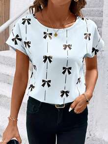 SHEIN Clasi Áo kiểu nữ cổ tròn dáng rộng, thắt nơ, kẻ sọc, họa tiết hình học, thích hợp mặc mùa hè. - Màu xanh nhạt - Xem 5