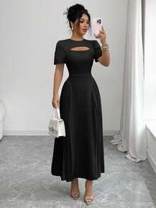 Elenzga Vestido midi de mujer de unicolor con cuello redondo, cintura hueca plisada, estilo princesa vintage con mangas abullonadas, color albaricoque, elegante, estilo francés retro romántico y minimalista, adecuado para oficina, viajes, negocios, casual, playa, citas, nueva llegada de primavera/verano - Negro - Ver 4