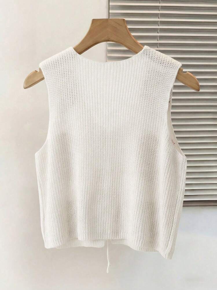 SHEIN Franclia 早春新款浪漫情人节可爱爱心图案休闲V领系带女式针织背心 - 彩色 - 查看 3