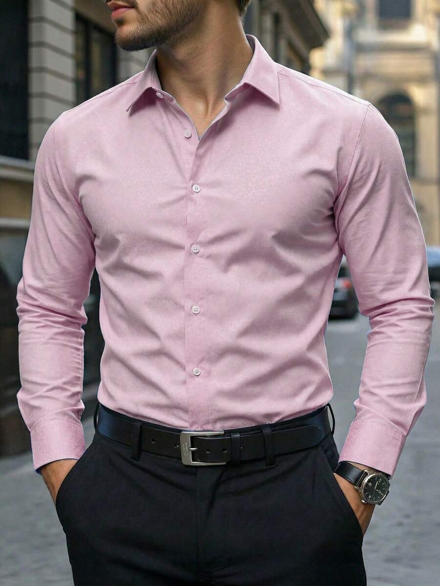 Manfinity Bizformal Áo sơ mi dài tay nam công sở chất liệu vải jacquard, kiểu dáng trang trọng. - Hồng - Xem 1