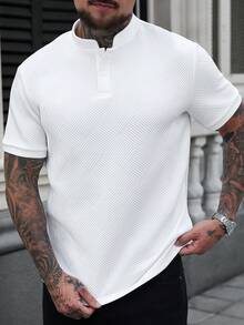 Manfinity CasualCool 男士白色短袖 Polo 衫，夏季休閒度假復古立領修身 T 恤，幾何圖案鈕扣門襟，老錢風復古上衣，正式款 - 白色 - 查看 6