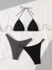 Swim Mod Women's Printed Spaghetti Strap Criss-Cross Back 3 PiecesSwimwear - Black and White - View 2