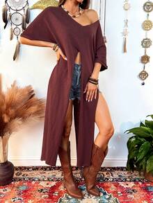 Fembélia Áo kiểu nữ màu hạt dẻ dệt kim cổ chữ V xẻ tà, chất liệu vải dệt họa tiết - Màu Tím - Xem 1