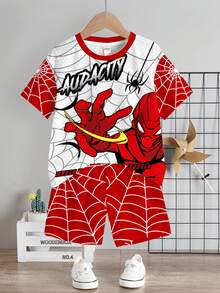 SHEIN Set Kaos Kasual Sederhana untuk Anak Laki-Laki, Motif Karakter Pahlawan Laba-laba Klasik, Motif Jaring Laba-laba, Cocok untuk Musim Semi dan Musim Panas - MultiWarna - View 2