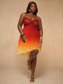 SHEIN BAE Plus Size Women's Ombre Ruched Cami Dress,Elegant Red Summer Satin Party Gradient Pleated V Neck Mini Sundress With Spaghetti Straps For Vacation - Multicolor - View 4