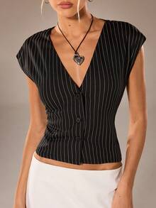 Avantive Áo sơ mi nữ cổ chữ V tay ngắn kẻ sọc - Đen và trắng - Xem 3
