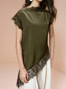 Arave 女士优雅纯色蕾丝拼接不对称下摆衬衫，夏季 - 軍綠色 - 查看 6