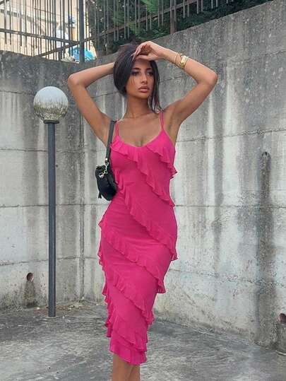 Ronhire 女式不对称下摆细肩带夏季连衣裙，带荷叶边细节荷叶边连衣裙