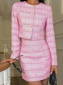 Ronhire Set de 2 piezas: Vestido con cintura ceñida sin mangas y blusa de manga larga para mujer - Rosa Fucsia - Ver 5