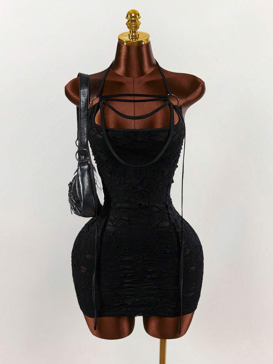 Amplova Y2K Shibuya Gyaru Tight Sleeveless U-Neck Ripped Hole Mini Dress