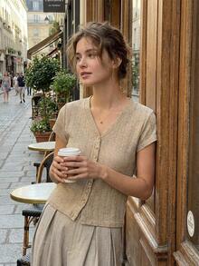 DAZY Women's V-Neck Short Sleeve Cardigan Casual T-Shirt, Summer - Khaki - View 4